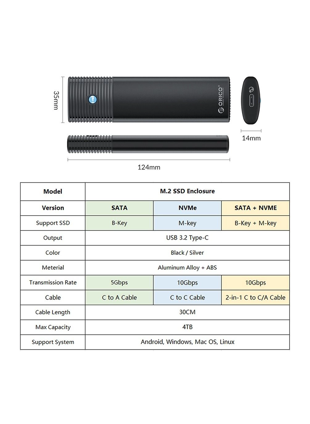 M.2 NGFF NVMe Enclosure - USB 3.2 Type C USB 3.0