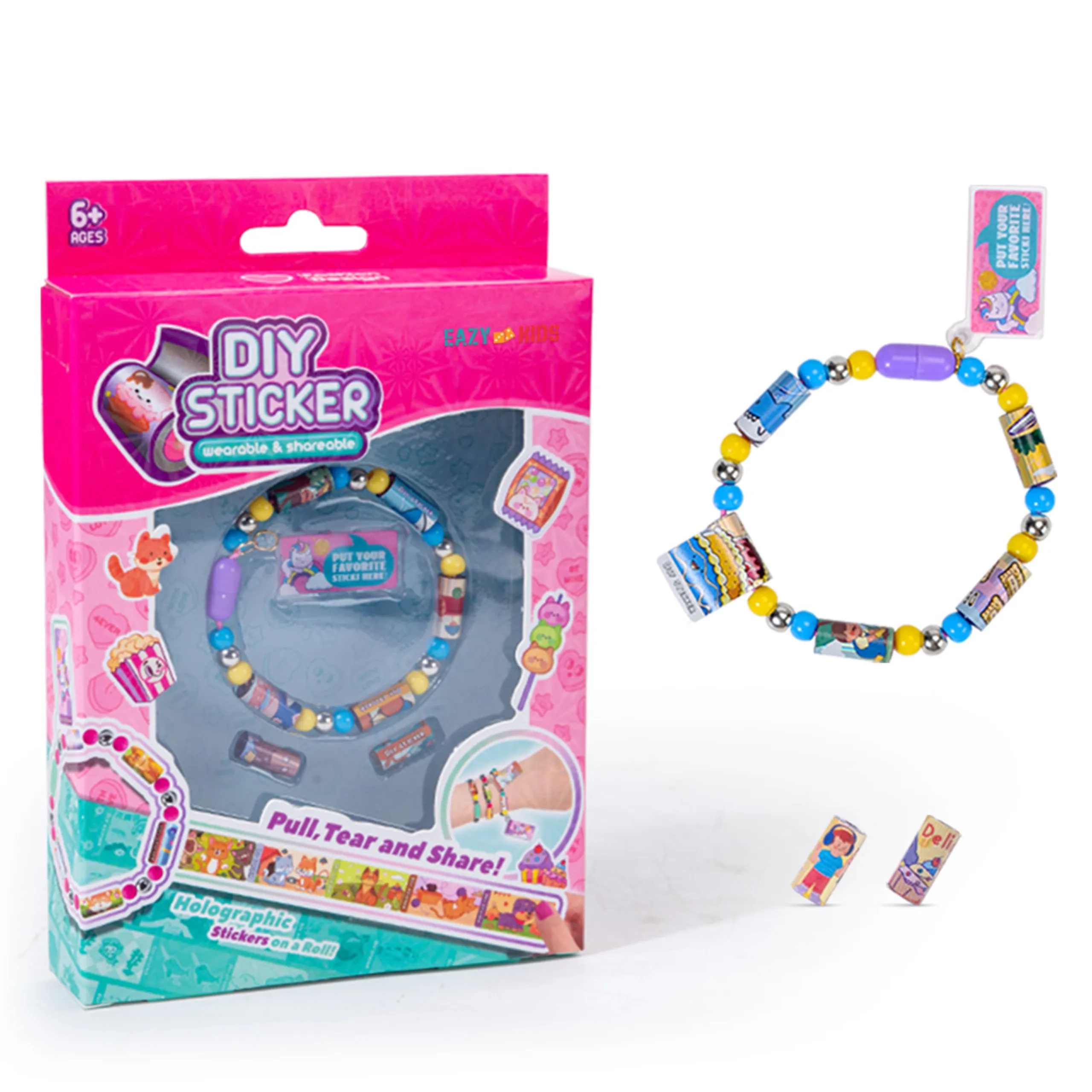 Eazy Kids DIY Wearable & Shareable Bracelet & Sticker Craft Kit - Multicolor 1 bracelet 2 stickers
