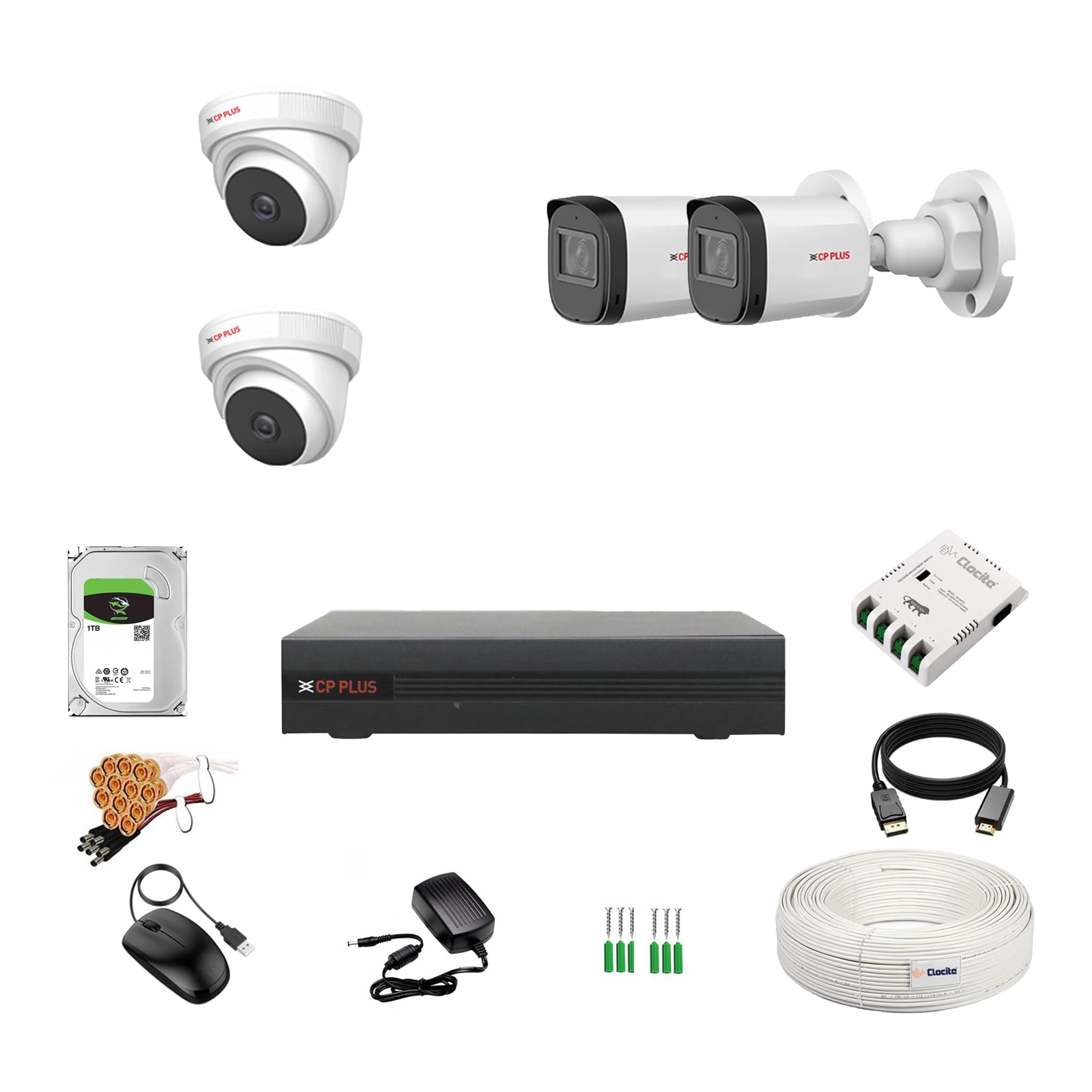 Aditya Infotech Ltd 2.4MP 4CH DVR - 4CH + 2.4MP Dome Camera - 2 Nos + 2.4MP Bullet Camera - 2 Nos + 1 TB HDD - 1TB + 4 CH SMPS + CCTV Cable + BNC/DC Connectors