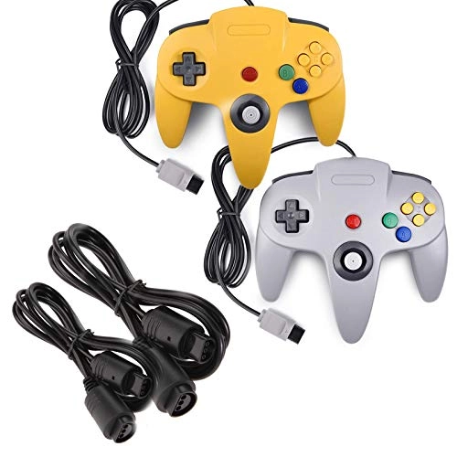 miadore Classic N64 Controller - 2 Pack Yellow/Gray + N64 Controller Extension Cable - 2 Pack 6FT