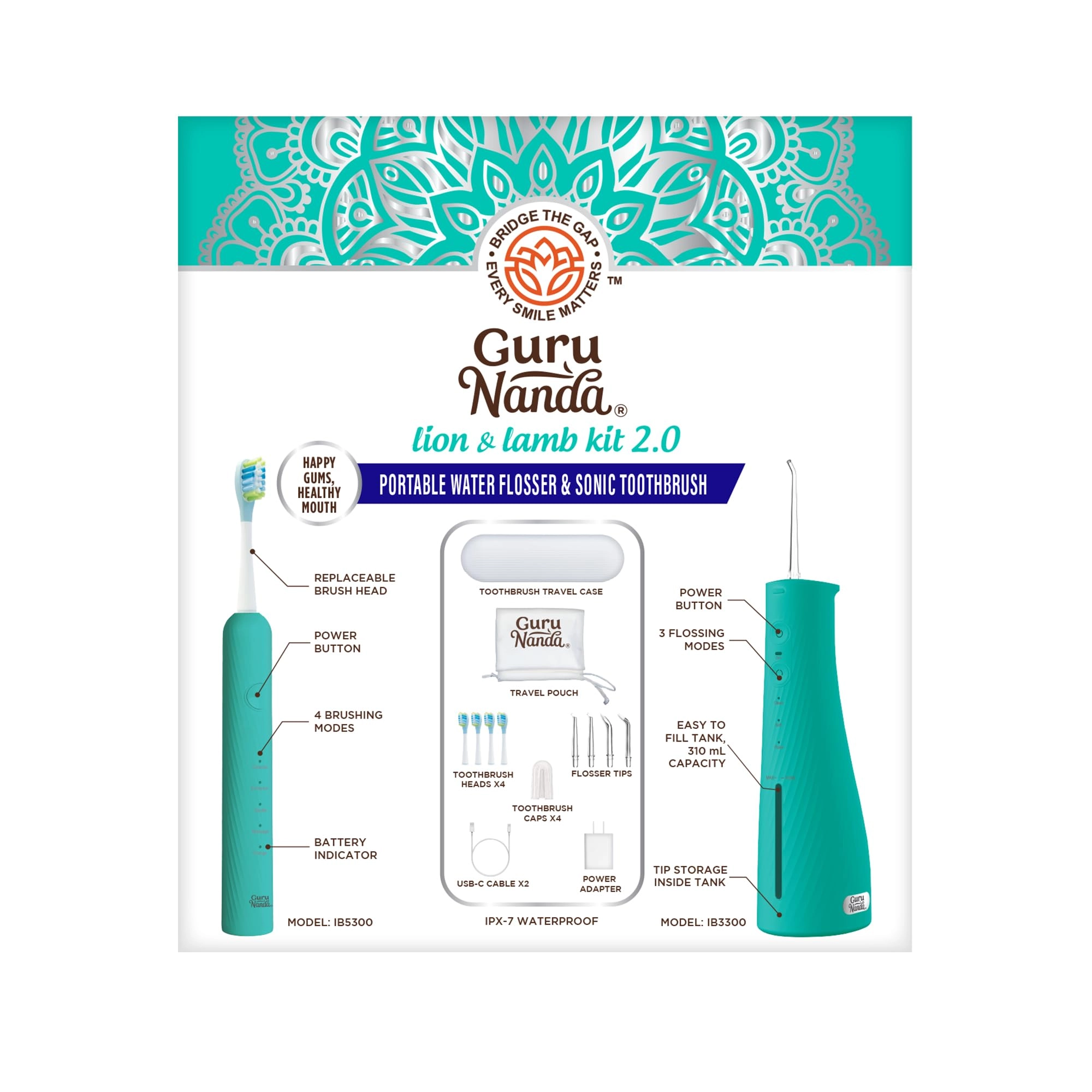Lion & Lamb Kit 2.0 - 4 Brush Heads Lavender + Water Flosser - 4 Jet Tips IPX7 Waterproof