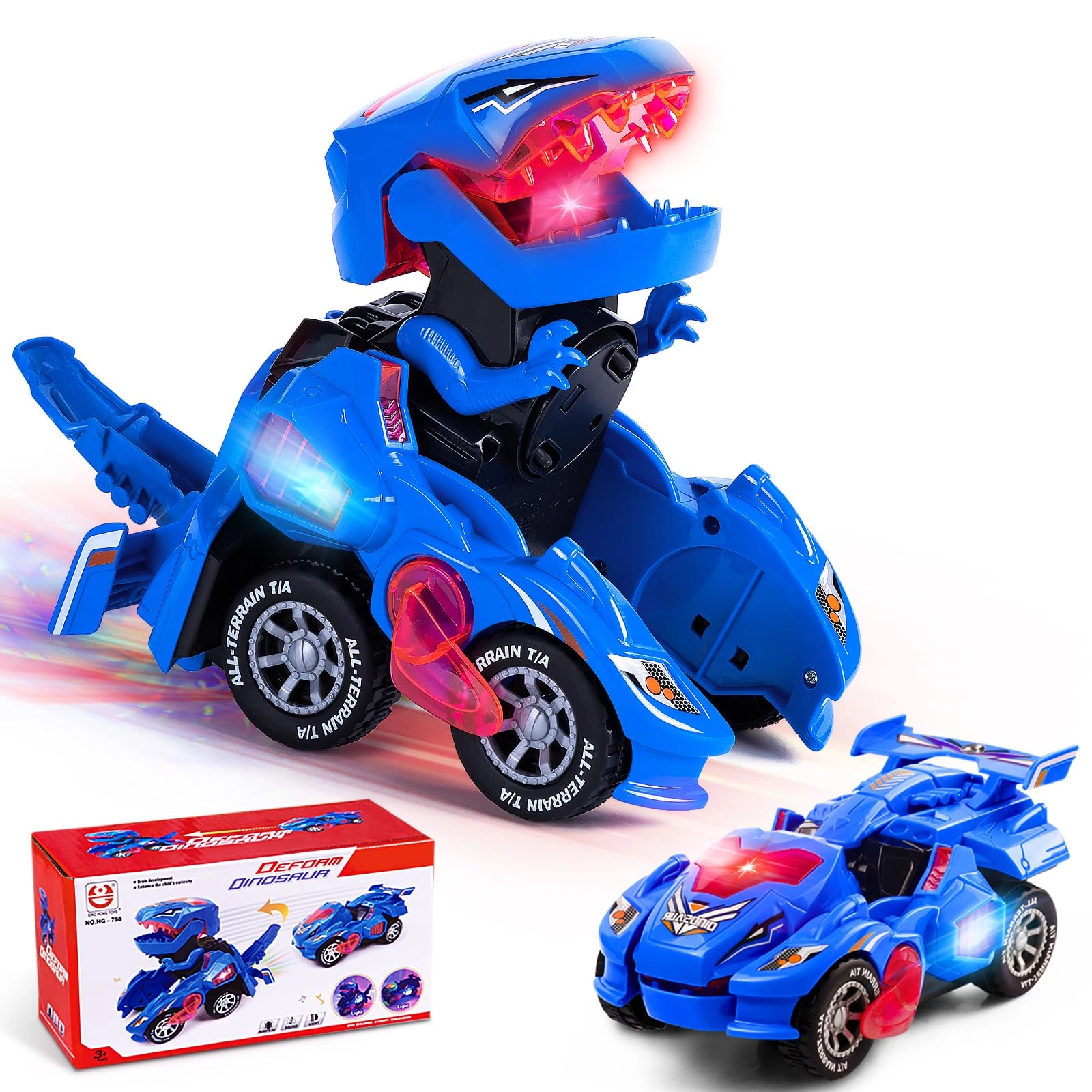 Yellcetoy Voiture-Dinosaure - Automatic transforming LED lights music Blue
