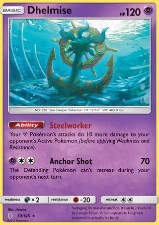 Pokémon Dhelmise 59/145 - 1pcs Rare Reverse Holo Guardians Rising + Toploader