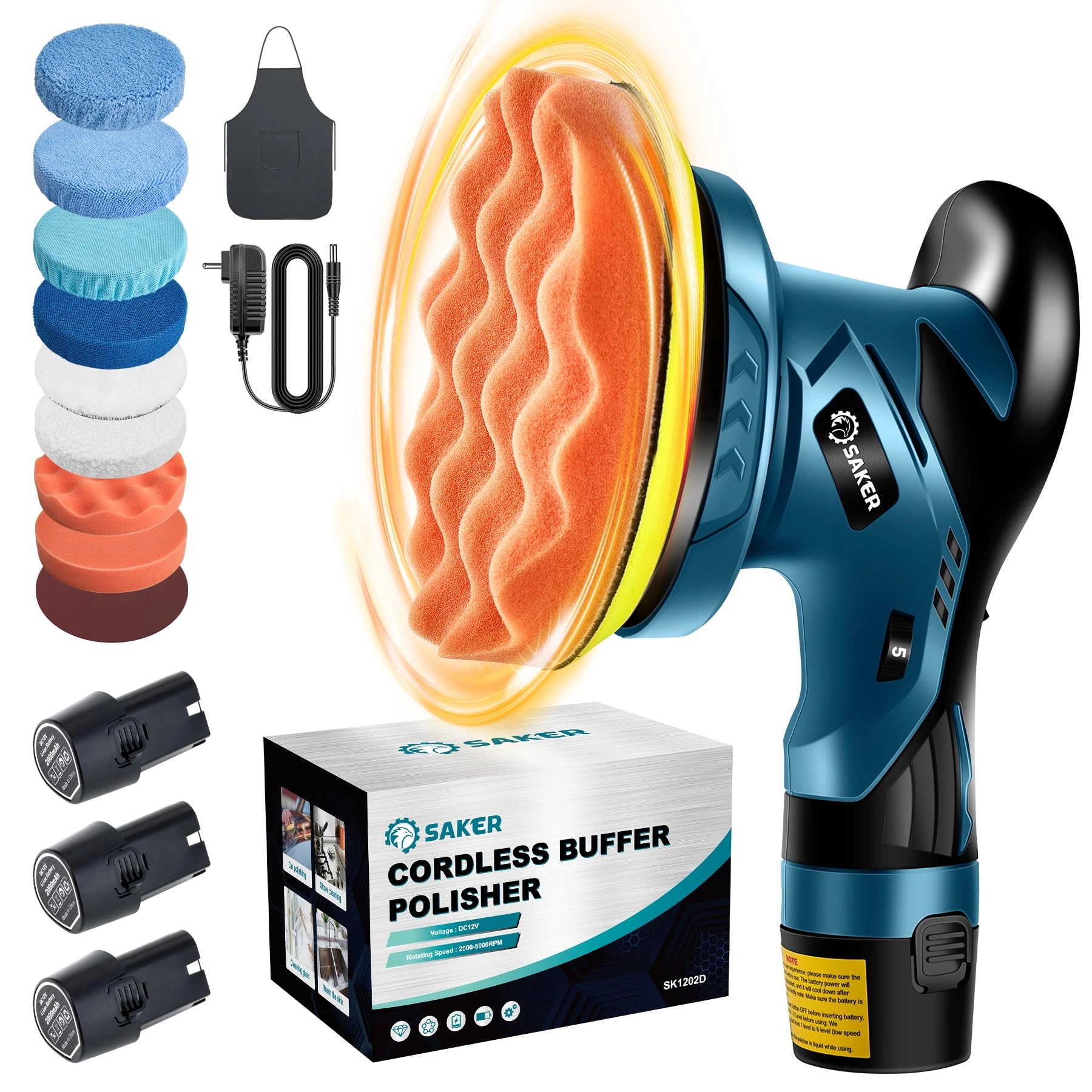 Saker Cordless Car Buffer Polisher - 12V 2000mAh 6 Inch