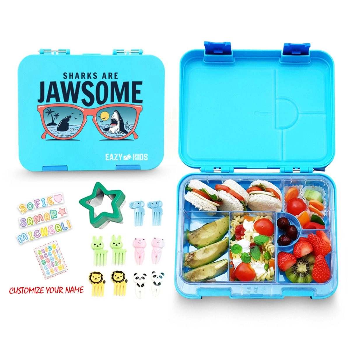 6 compartment Lunch Box - Jawsome Blue + Tritan Water Bottle + Steel Food Jar - 350 ml