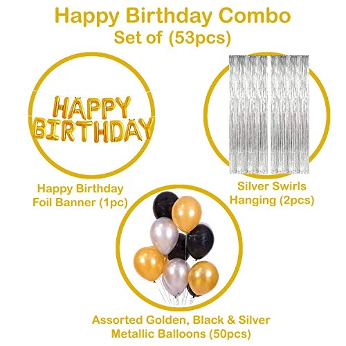 Happy Birthday Foil Balloons + Silver Fringe Curtain - 2 Pcs + Metallic Balloons - 50 Pcs