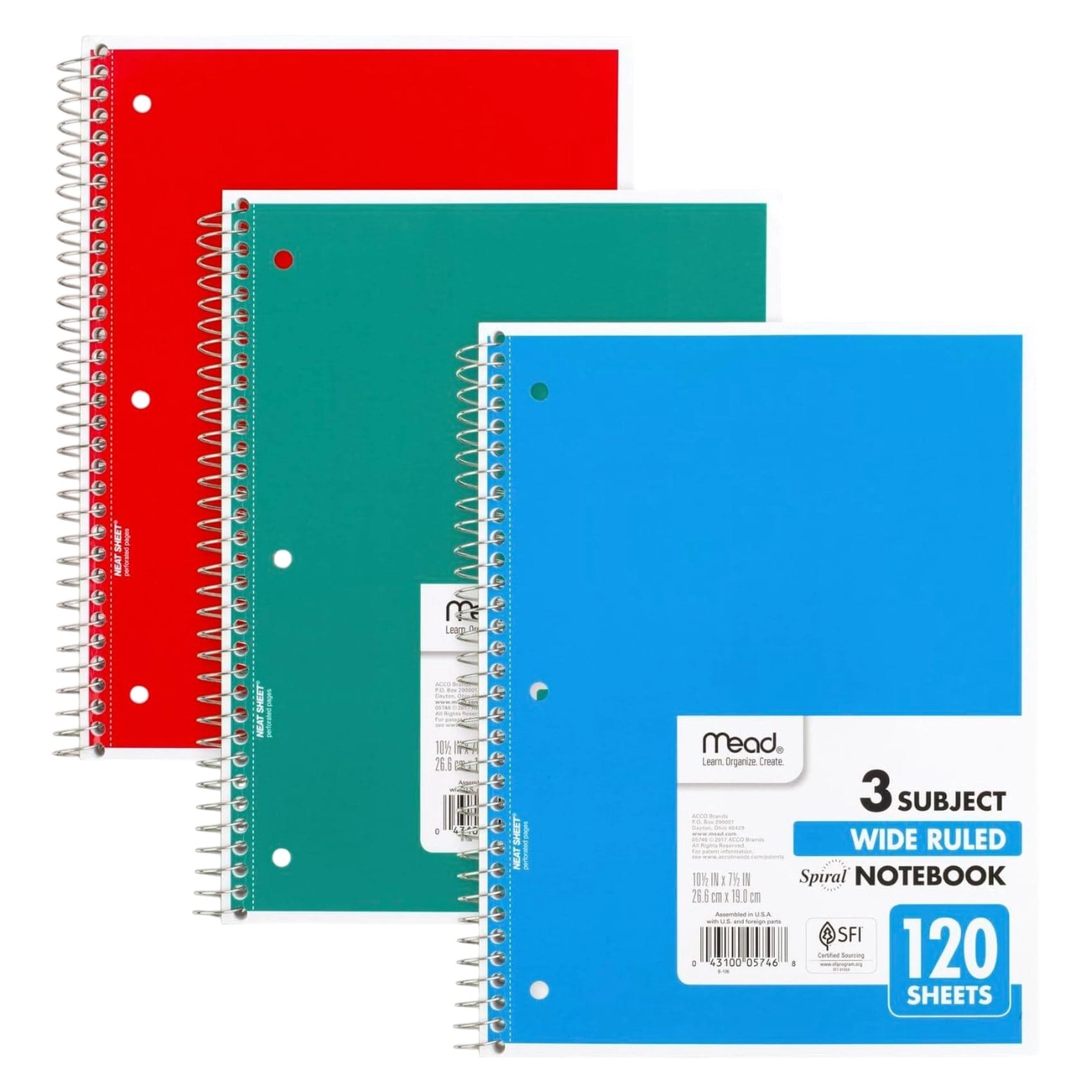 Mead 3 Subject Notebook Spiral - Lined 120 Sheets