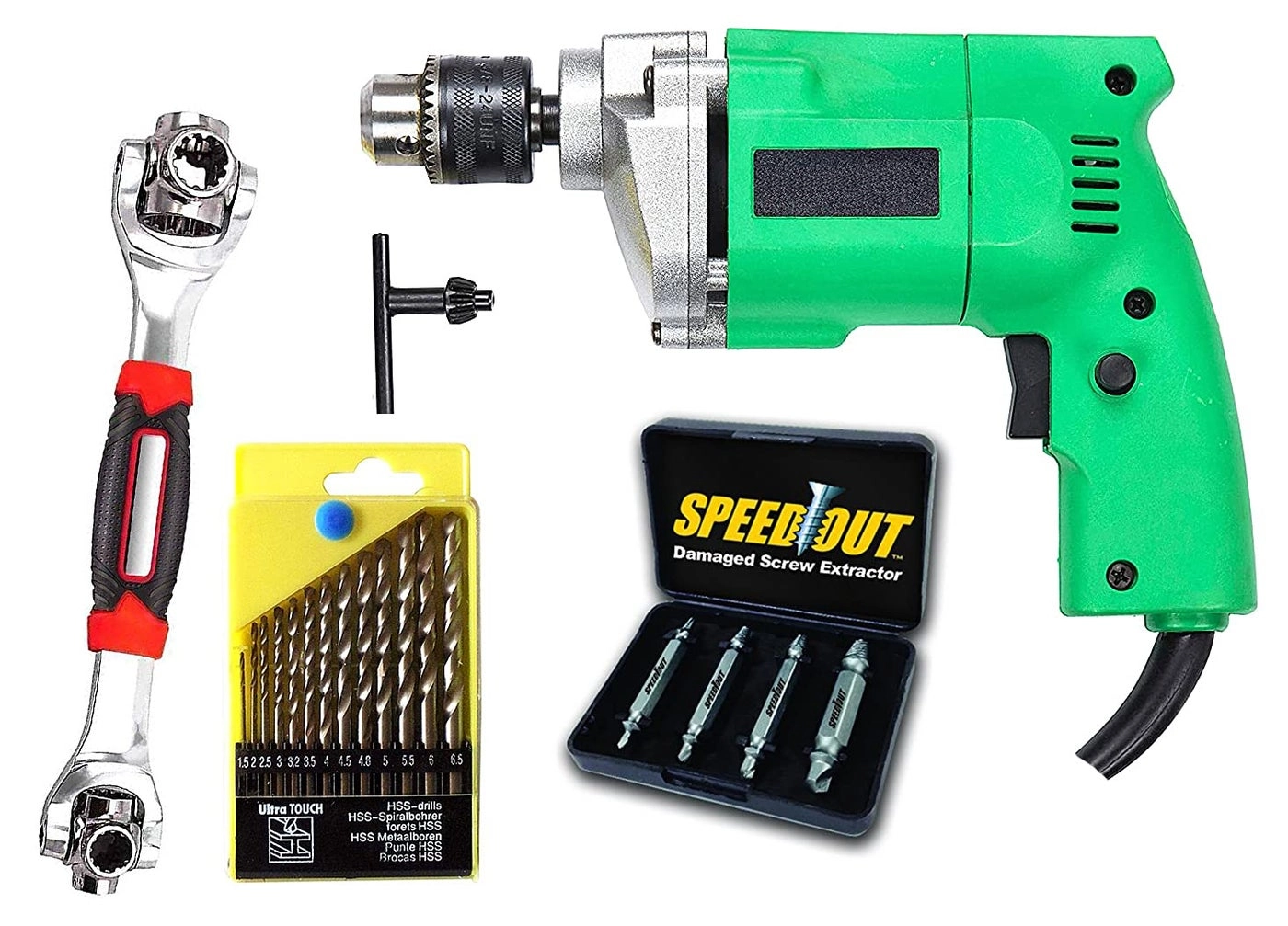Shopper52 Electric Drill Machine - 10mm + Drill Bit Set - 13Pcs + 48in1 Wrench Spanner + Speed Out - 4 piece screw extractor set