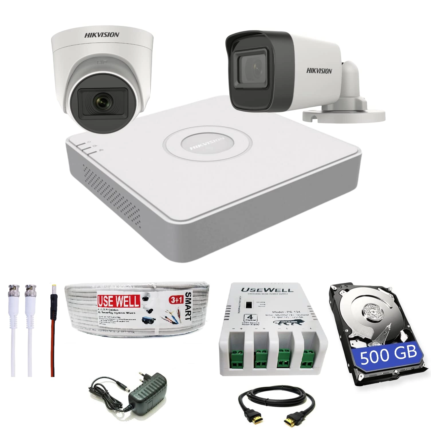 Prama Hikvision India 4 Channel DVR + 5 MP 1 Dome & 1 Bullet Cameras + 500 GB HDD + 3+1 Cable roll + 4 CH Power Supply + BNC & DC Full Combo Kit