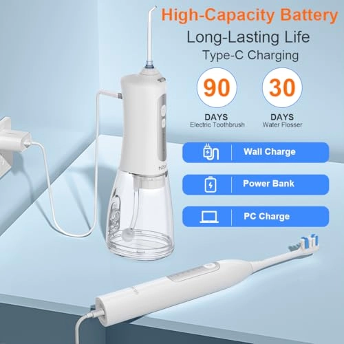 Sonic Electric Toothbrush - Rechargeable 2000mAh + Water Flosser - 2500mAh 300ml Tank