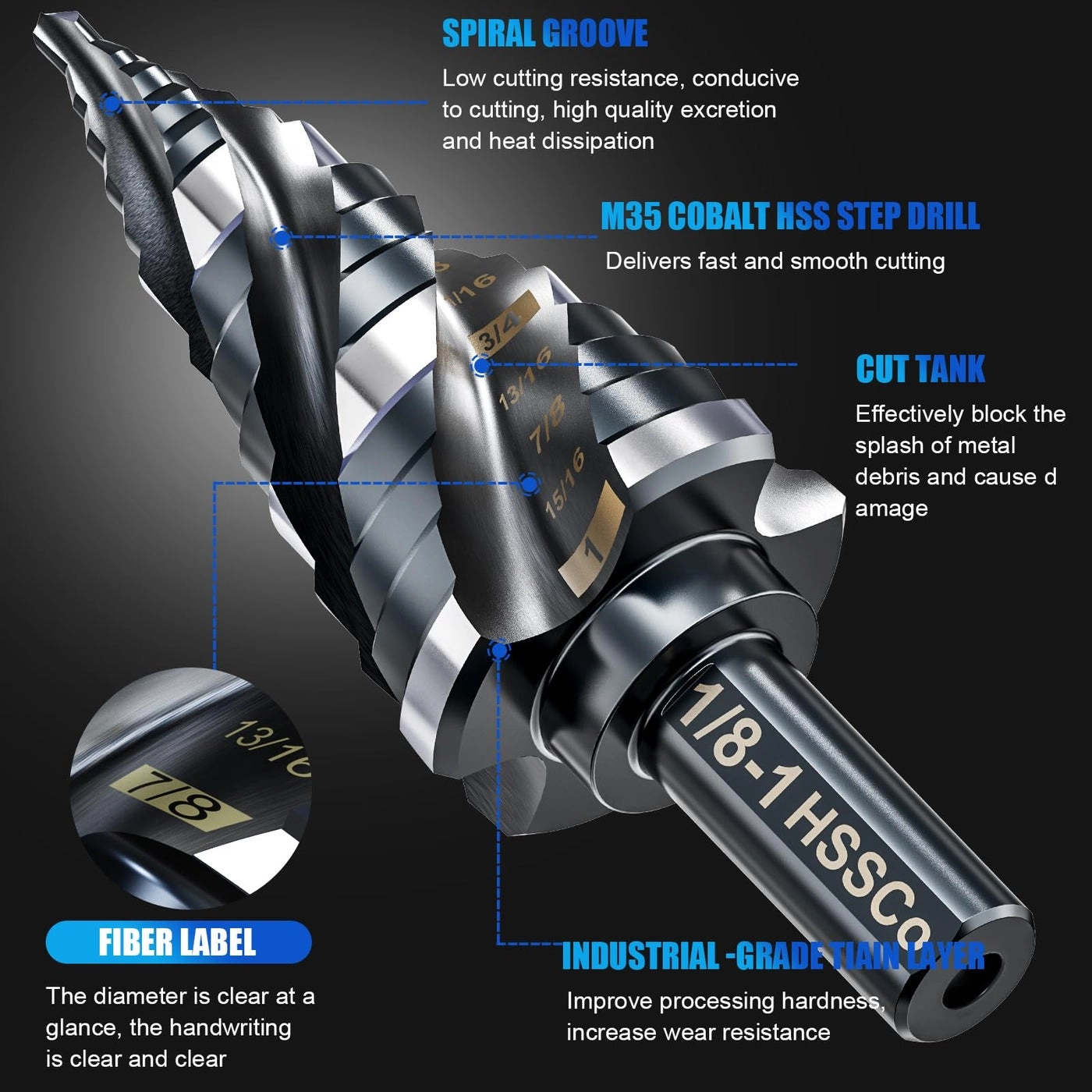 Step Drill Bit - M35 Cobalt 9 Sizes 1/8"-1"