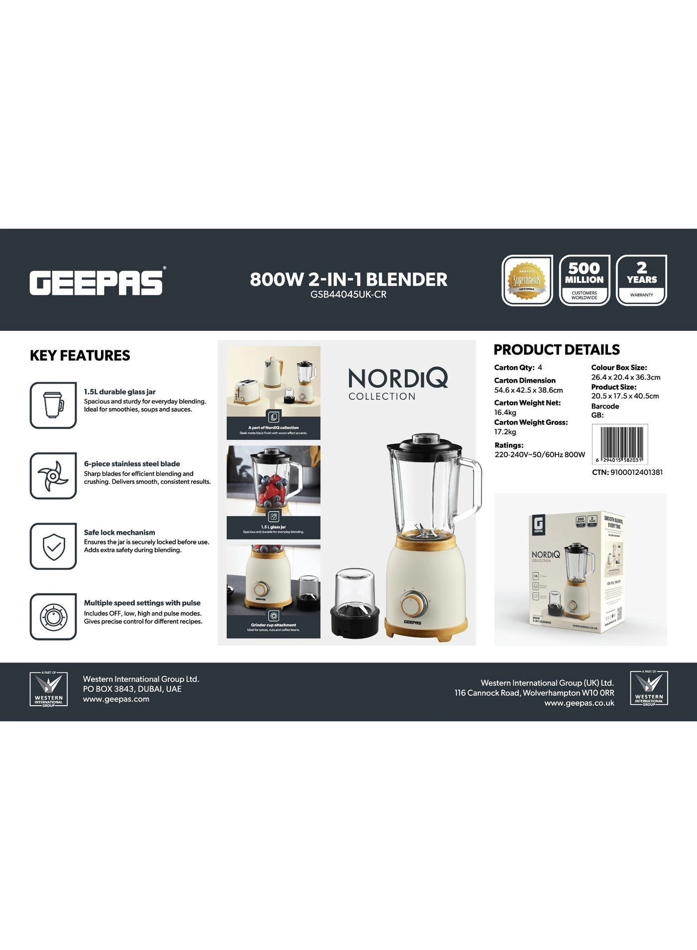 2-in-1 Electric Blender & Grinder - 800W