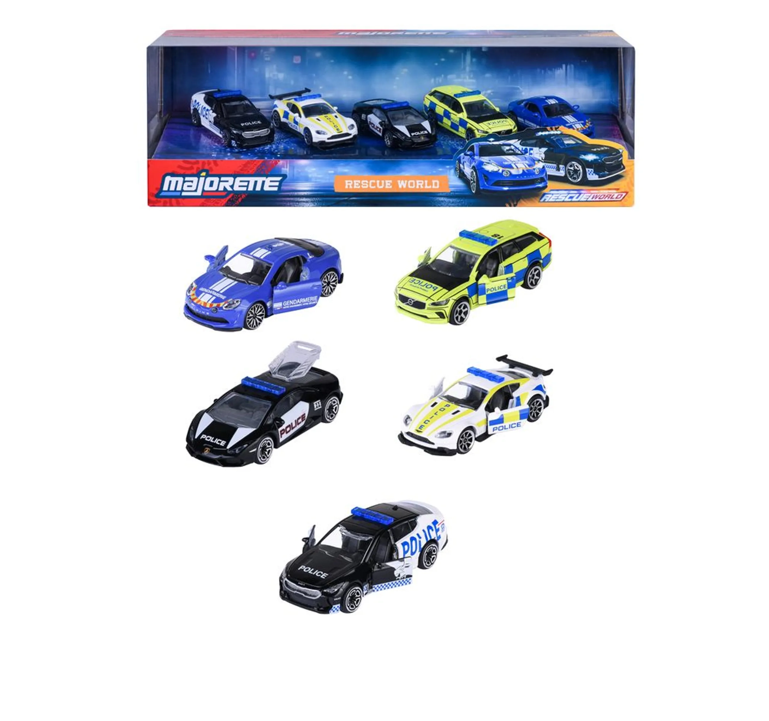 Majorette Alpine A110 S + Kia Performance Car + Lamborghini Huracán + Volvo V90 + Aston Martin Vantage GT8 5 pcs
