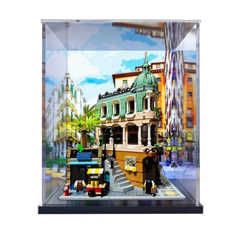 HCAEIOFJ Clear Acrylic Display Case for Lego Creator Expert 10297 - 30x30x35cm Black Bottom+background