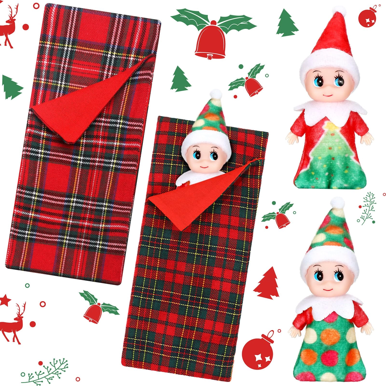 Skylety Christmas Elf Doll - 2 Pieces Twins + Christmas Elf Sleeping Bag - Red Plaid Ages 6+