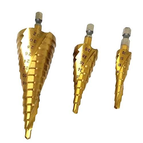 Spiral Grooved Step Drill Bit Set - High Speed Steel Titanium Coated 3pcs 4-32mm/4-20mm/4-12mm