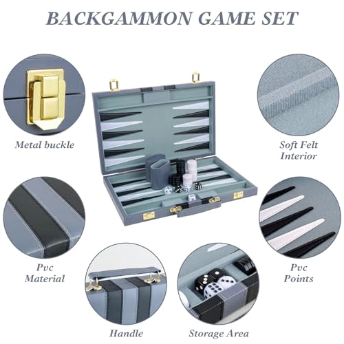 Backgammon Set - PU Leather Case Grey