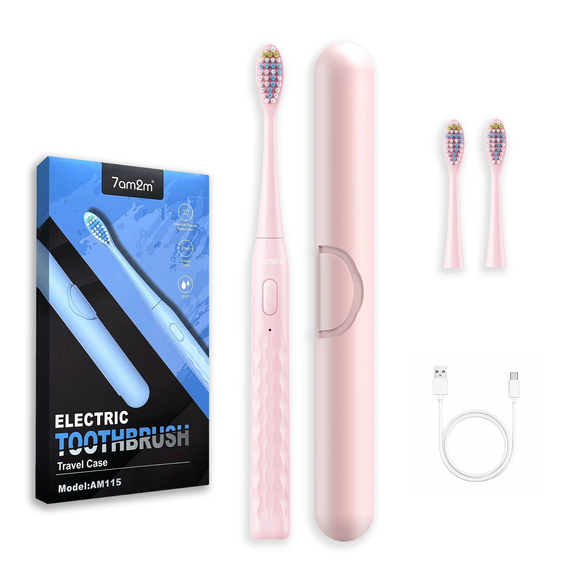 7AM2M Sonic Electric Toothbrush - 2 Replacement Brush Heads Type-C Rechargeable 1 Charge for 90 Days