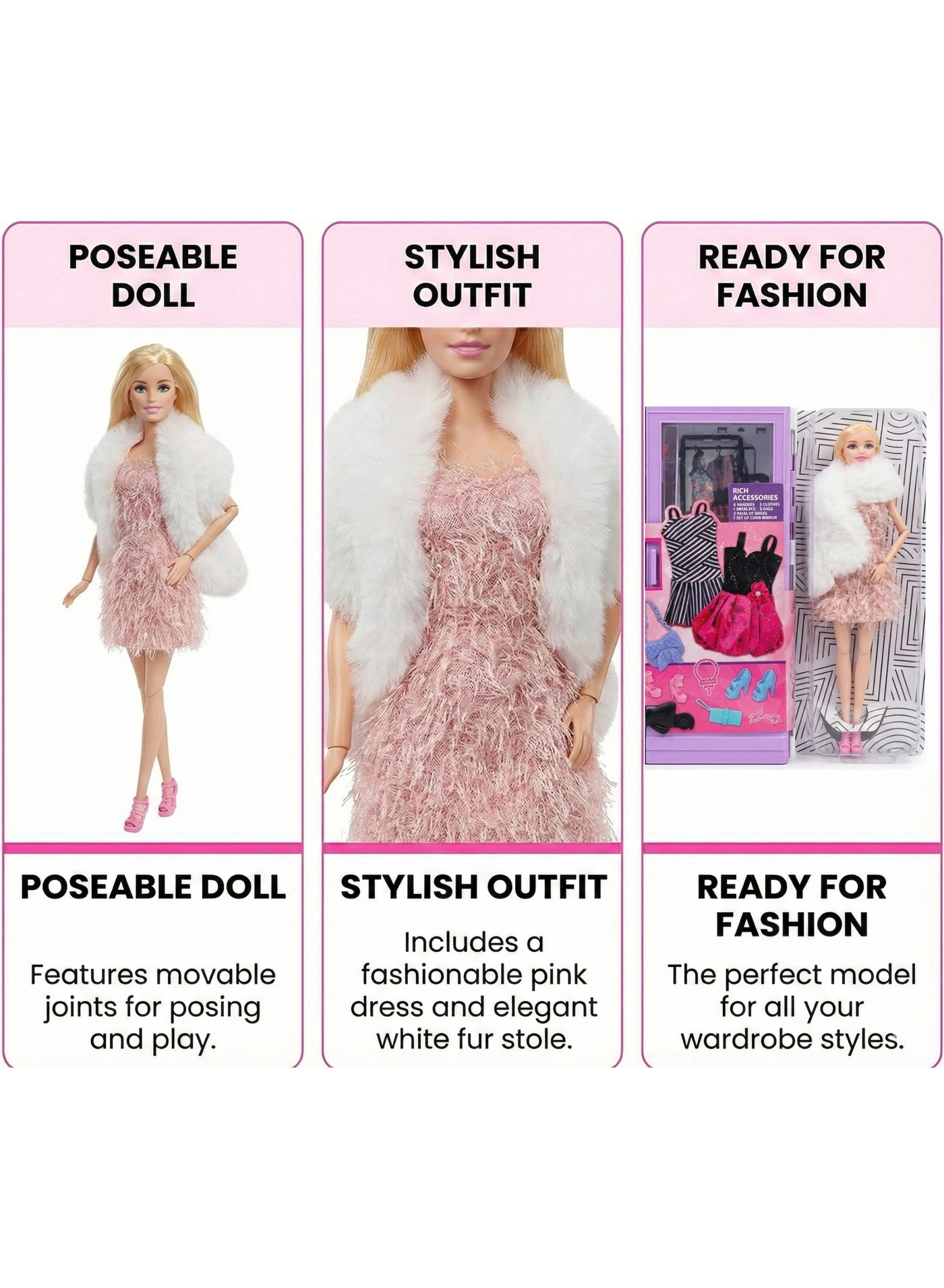 Fashion Doll with Wardrobe - Poseable Blonde 15+ Accessories Ages 3+