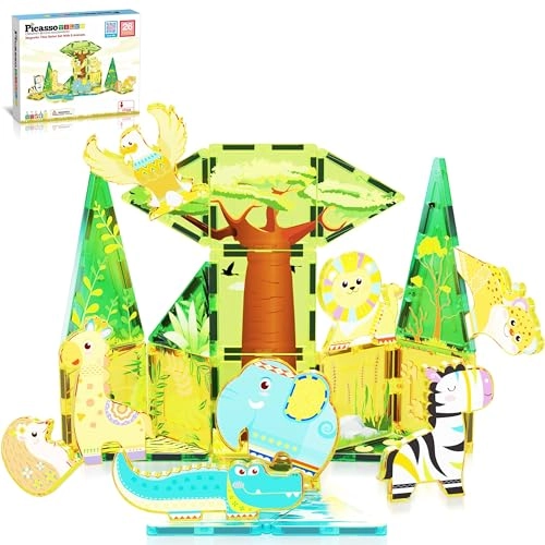 Magnet Tile Building Blocks Safari Themed Playset - 8 Animal Character Action Figures Safari 26 pcs