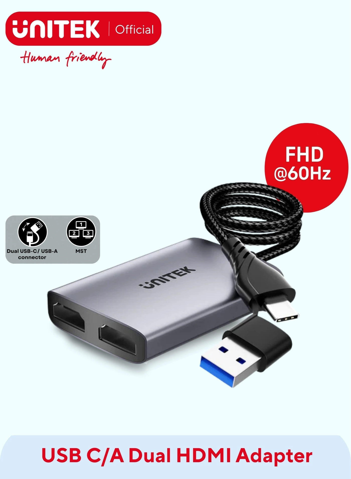 UNITEK USB-C/A to Dual HDMI Adapter - USB-C/A 1920x1080@60Hz
