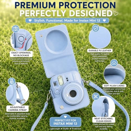 Camera Case - Frosty Blue + INSTAX Mini Instant Film - 20 Shot + Mini Photo Album - 64 Pocket + Hanging Photo Display + Mini Desktop Photo Frames + Magnetic Fridge Photo Frames + Photo Border Stickers - 60