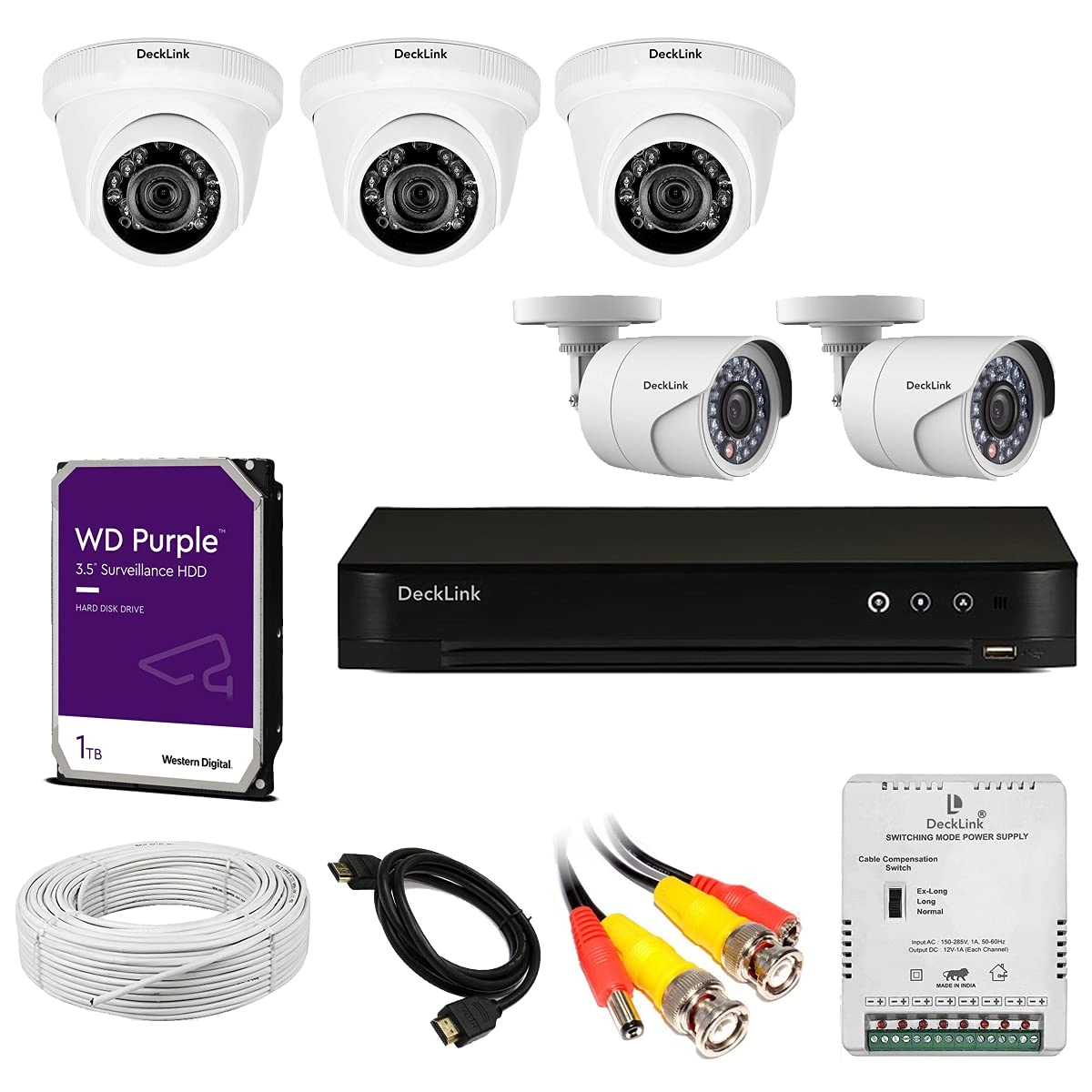 DeckLink CCTV Camera - 3 Dome Indoor + 2 Bullet Outdoor 2.4MP + 8CH Video Recorder + 1TB Survillance Hard Disk