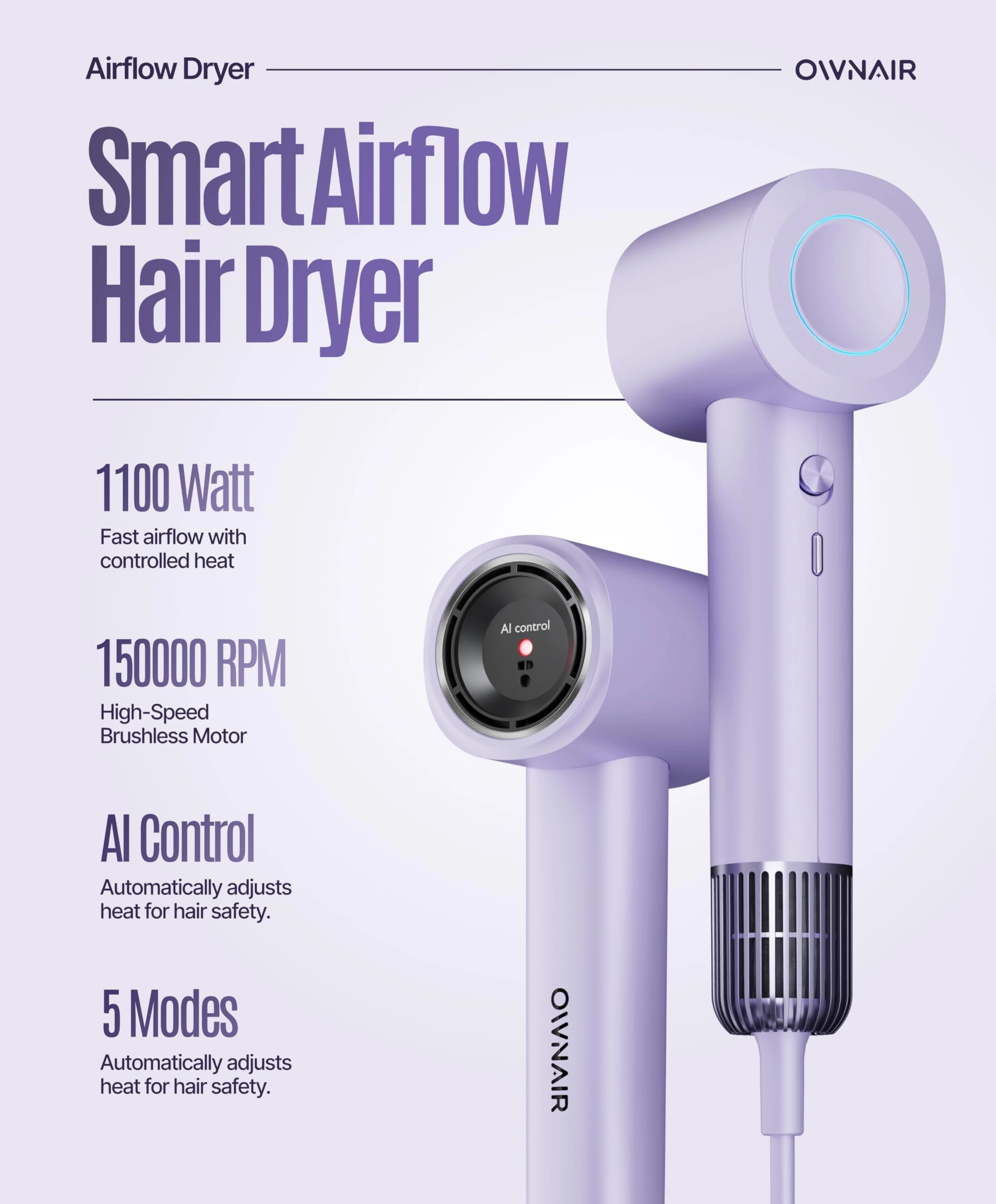 Air Flow Hair Dryer - AI High Speed 1100 Watts