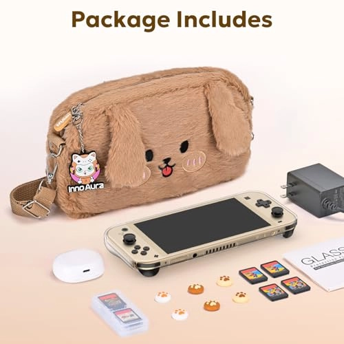 Switch Lite Carrying Case - Brown Dog + Switch Lite Screen Protector + Switch Game Case + Switch Thumb Caps