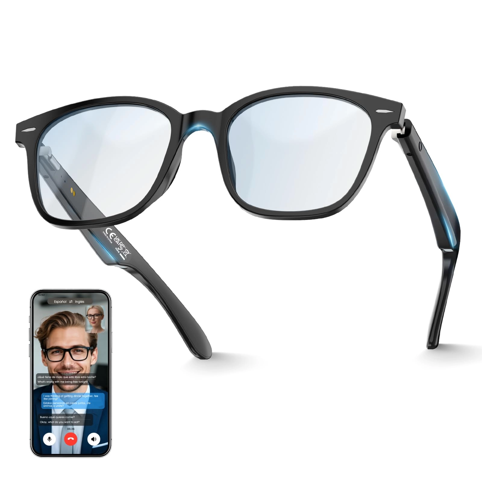 AI Translation Glasses - 140+ Languages Bluetooth Built-in Mic & Speaker