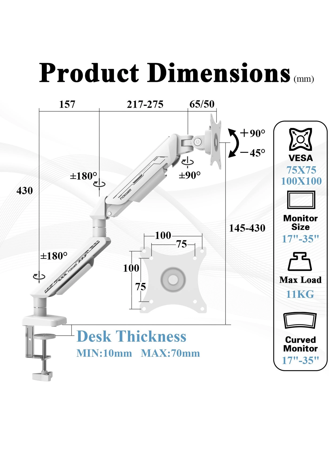 PC Monitor Arm - Single Arm 17-35" 75x75/100x100mm