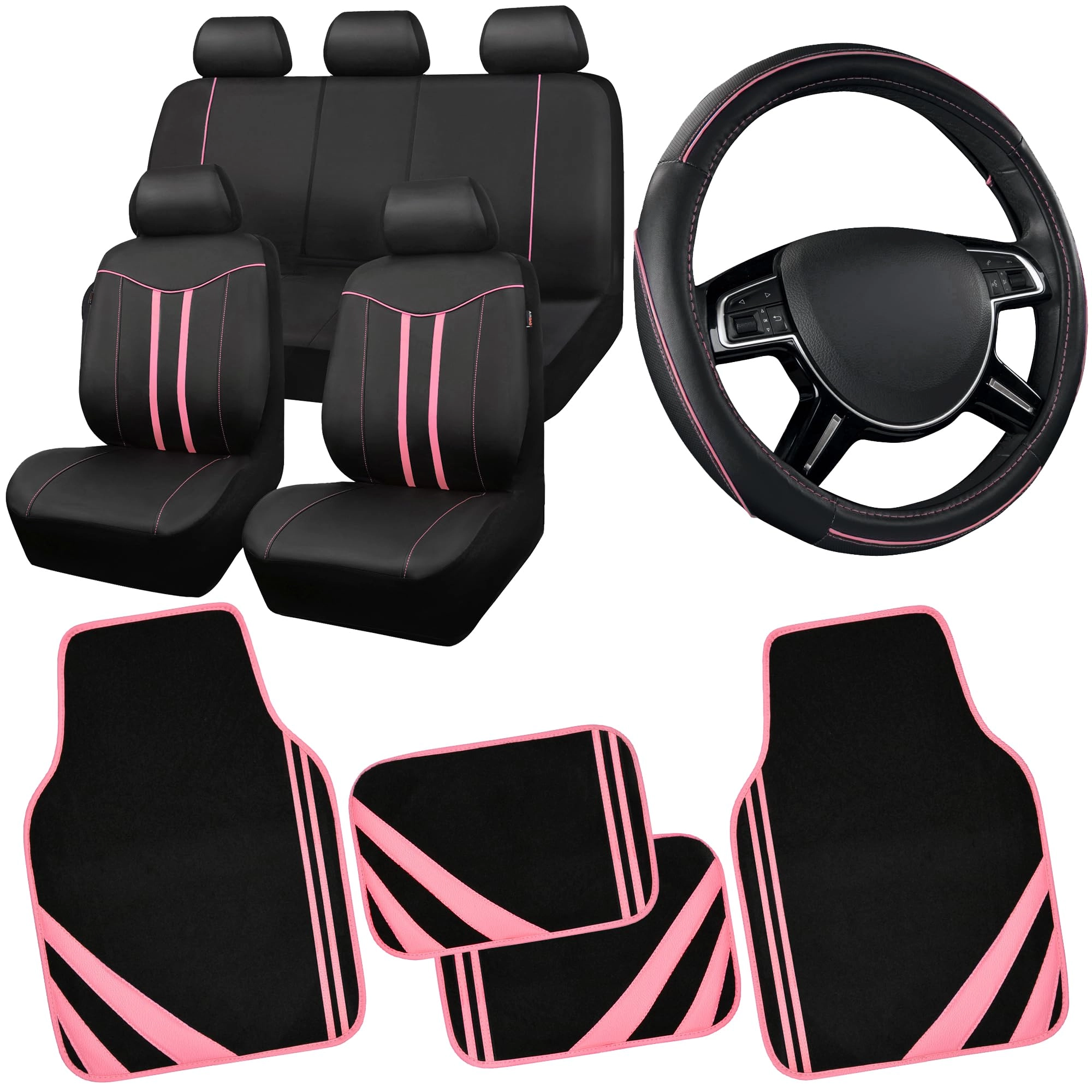 Car Seat Covers - Air Mesh Leather + Car Floor Mats - Waterproof + Steering Wheel Cover - Sporty