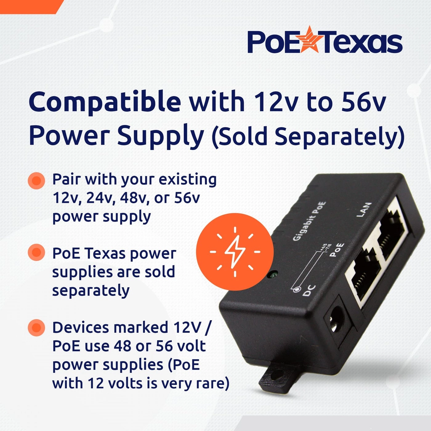 PoE Injector - Single Port 10/100/1000 Gigabit 12v to 56v DC