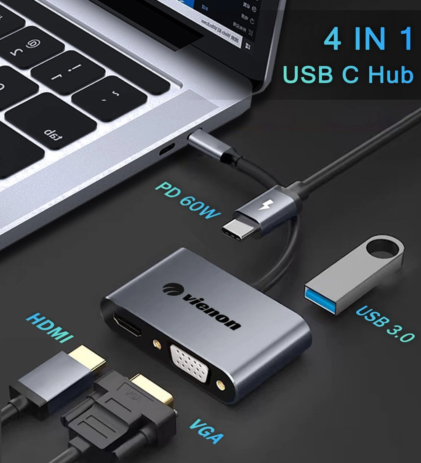 USB C to HDMI VGA Adapter - 4 IN 1 100W PD USB 3.0