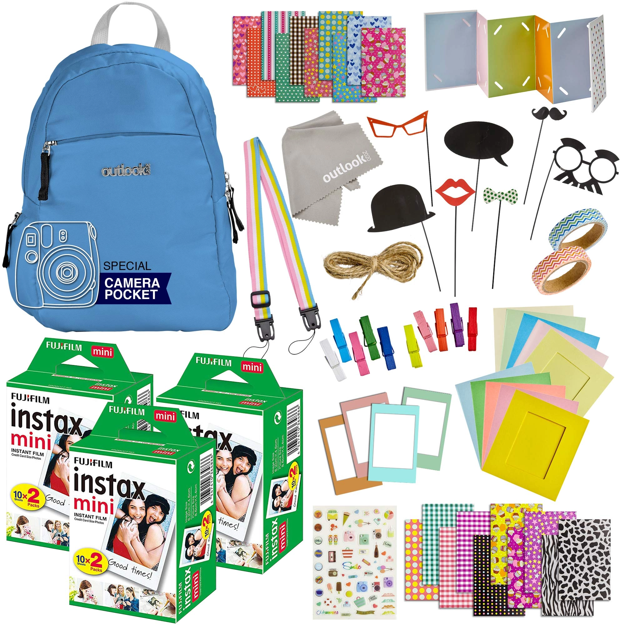 Outlook 2020 Backpack - Cobalt Blue + Instax Mini Film - 60 Sheets + Lens Cleaning Cloth + Strap + Washi Tape + Stickers + Photo Frames + Album
