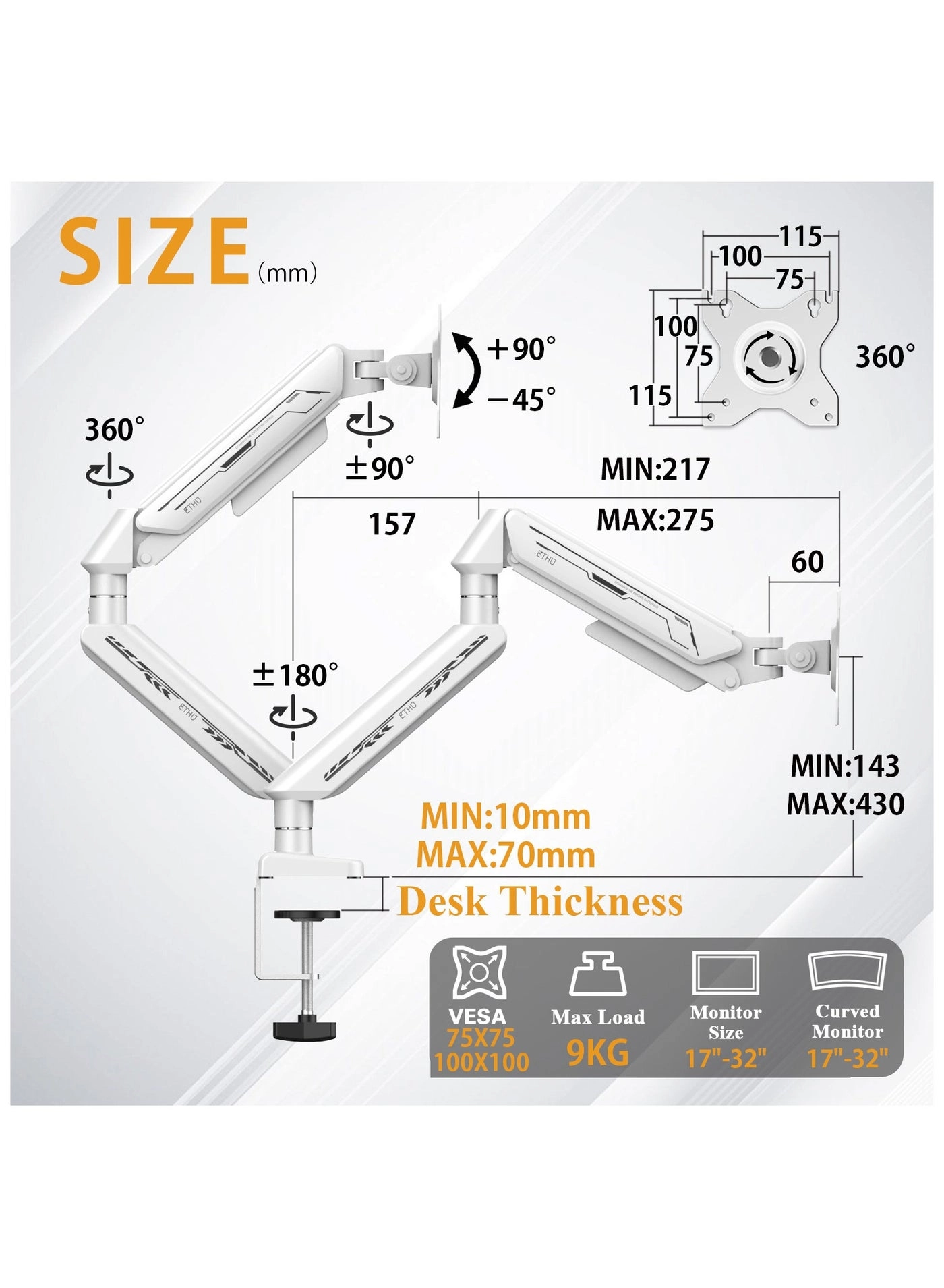 Dual Monitor Arm - Dual 13-32 Inch 75x75/100x100mm