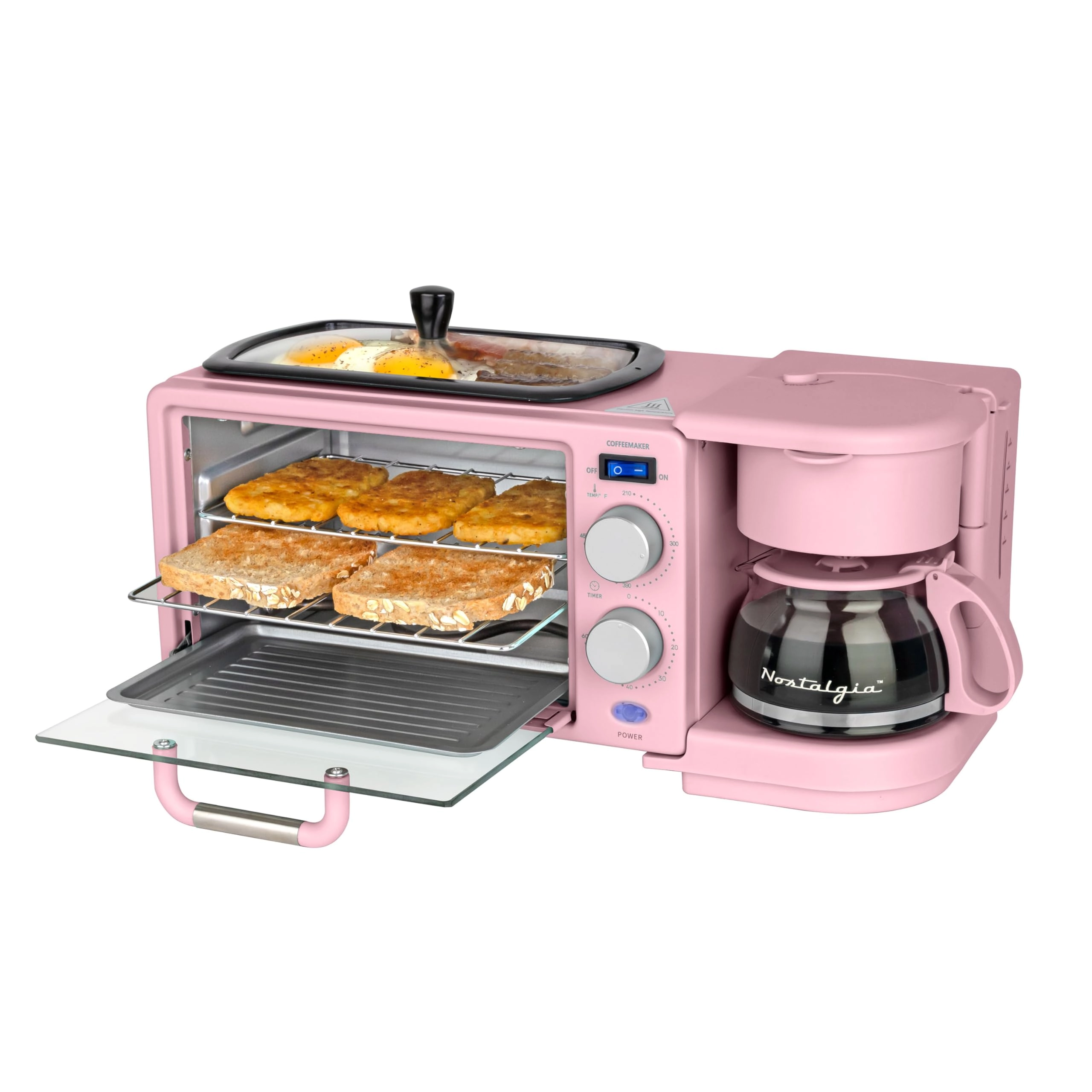 Nostalgia Electrics 3-in-1 Retro Breakfast Station - 5 Cups Non-Stick Ceramic Griddle 4-Slice Toaster Oven