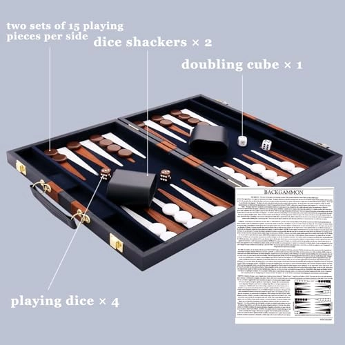 Backgammon Set - Premium Leather Case Blue Grey