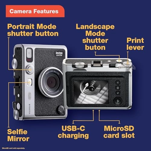 INSTAX Mini EVO - 2.4" x 1.8" + Instax Film - 20 Sheets + Custom Case + Album - MiniMate 96 slot + micro memory card - 32GB
