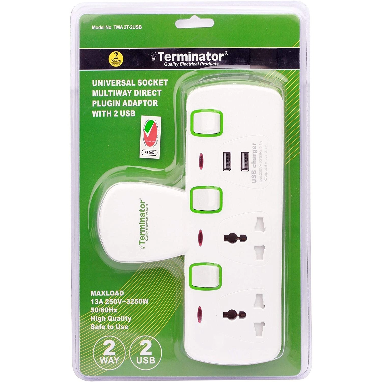 Terminator 2 Way Universal T Socket - 2 USB White