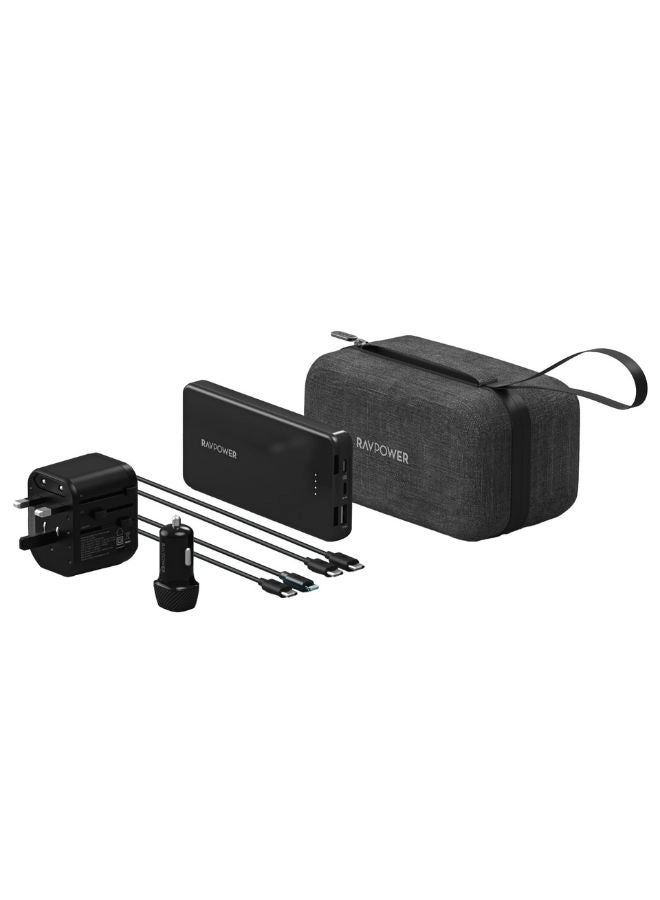RAVPower Power Bank - 10000mAh + 3-Port Travel Charger - 20W + Car Charger + USB-C to Lightning Cable + USB-C to USB-C Cable + Travel Bag