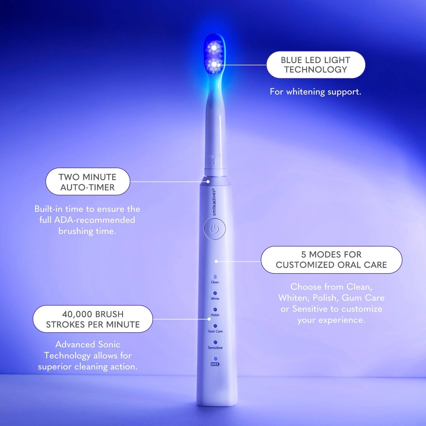 Vibrite Sonic Power Electric Toothbrush - Rechargeable Blue LED Multiple Brushing Modes