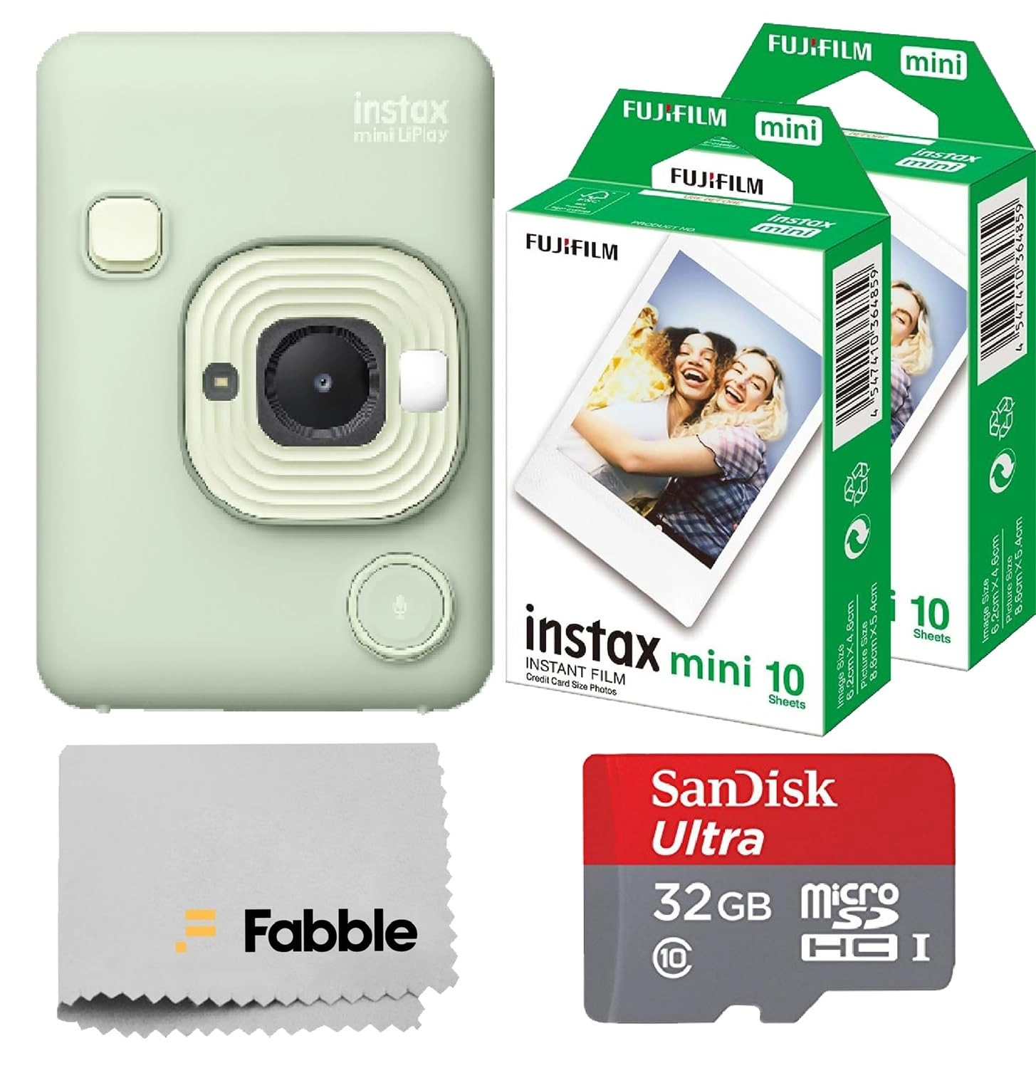 INSTAX Mini LiPlay - Hybrid Instant Camera + INSTAX Mini Twin Film Pack - 20 Sheets + 32GB microSD Card + USB Charging Cable + Hand Strap + Camera and Lens Cleaning Cloth - Grey