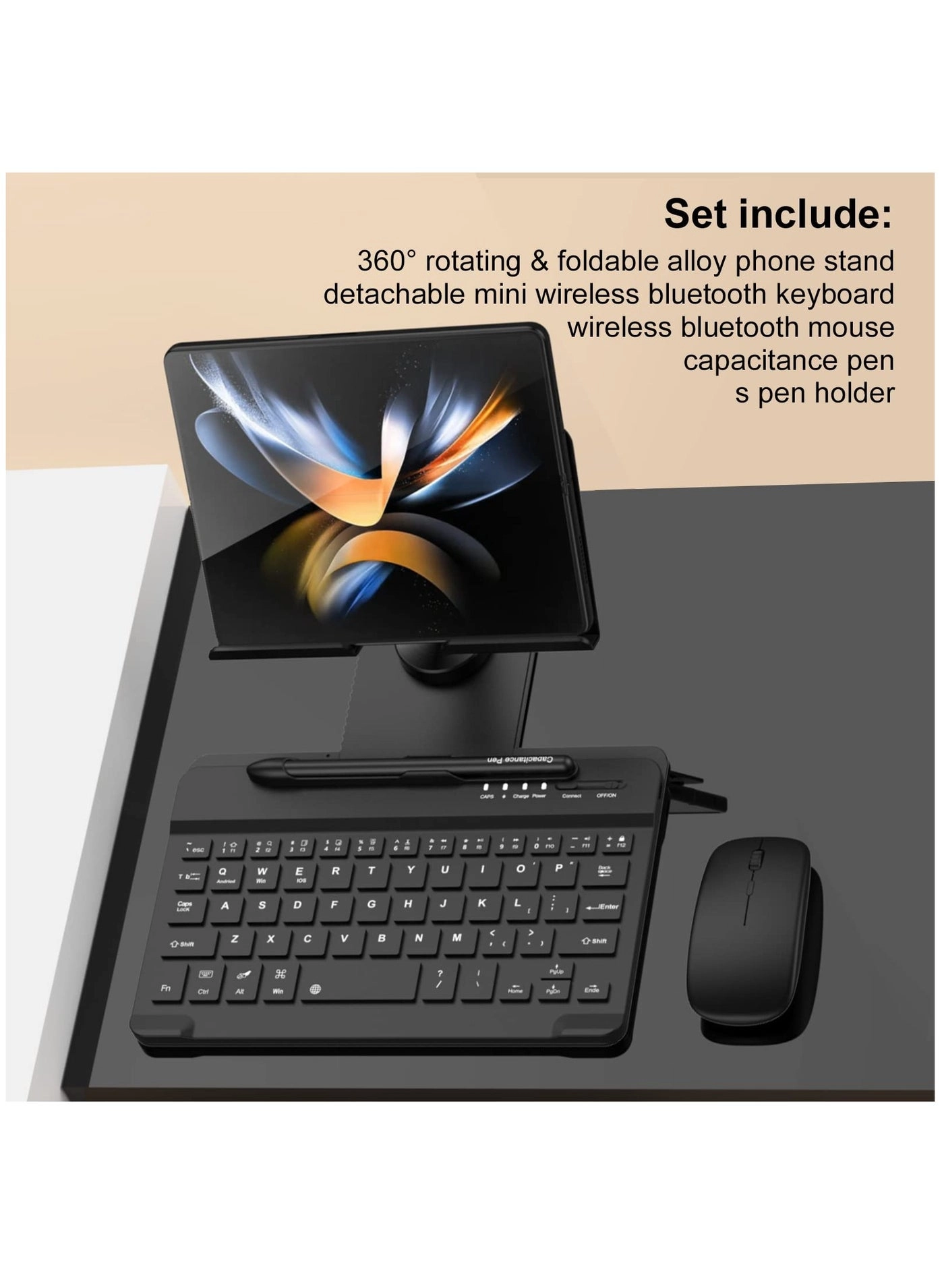 Mini Wireless Bluetooth Keyboard - Detachable + Wireless Bluetooth Mouse + Adjustable Phone Stand - 360 degrees Rotating Foldable + Capacitive Pen + S Pen Holder for Samsung Galaxy Z Fold 4/3/2