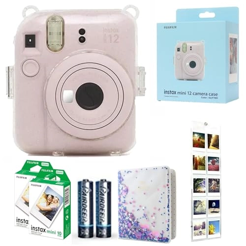INSTAX Mini 12 + INSTAX Mini Film - 54mm x 86mm + Clear Glitter Protective Camera Case + Mini Photo Album - 64-Pocket + Hanging Wall Photo Display