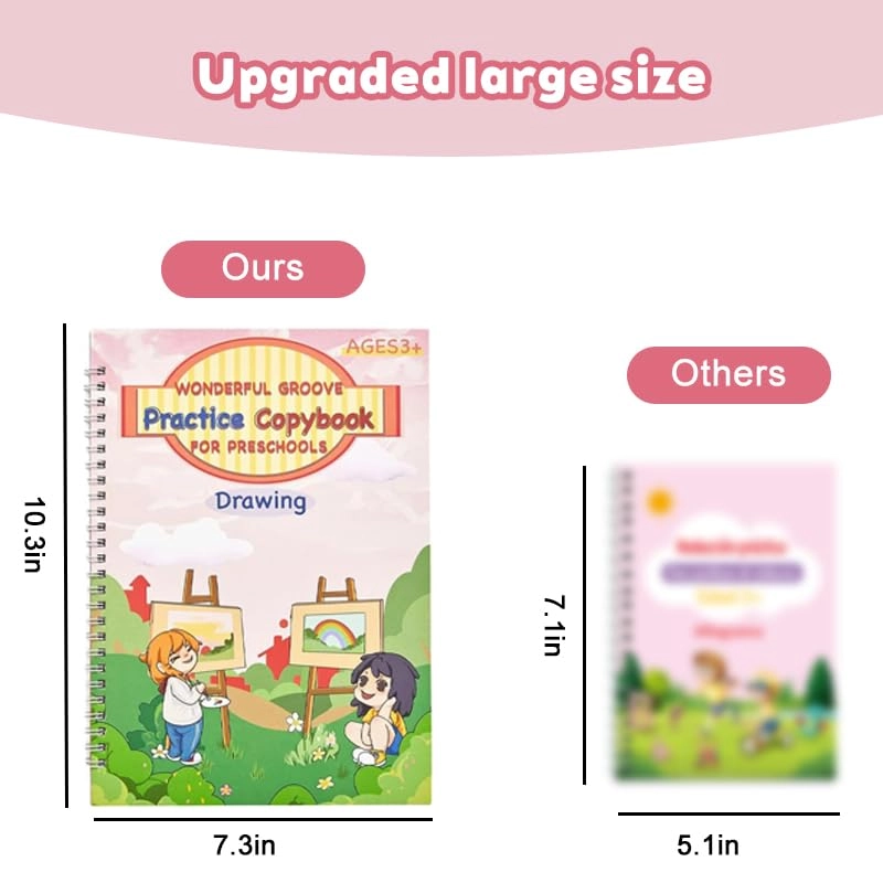 Magic Practice Book - 4 Books 5.1" x 7.4" + Pen Holder - 1 + Refills - 10 + Grip - 1