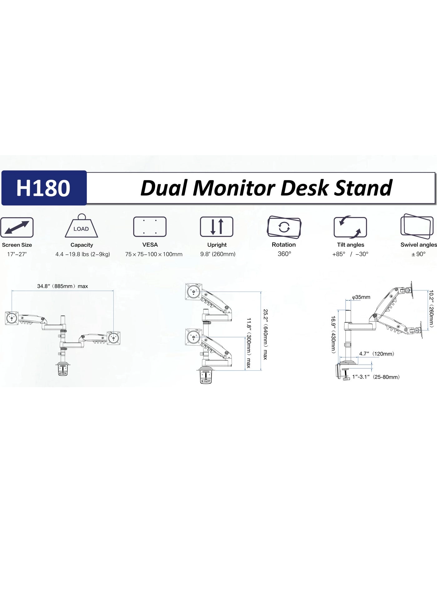 Dual Monitor Arm - 27 in 100x100mm