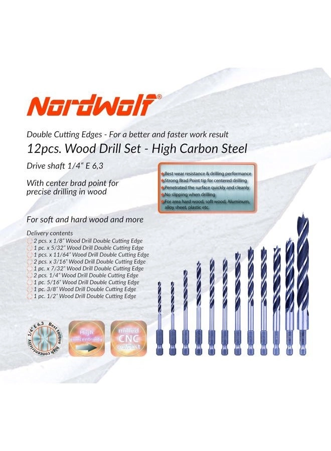 Brad Point Wood Drill Bit Set - High carbon steel 12-Piece 1/8" to 1/2"