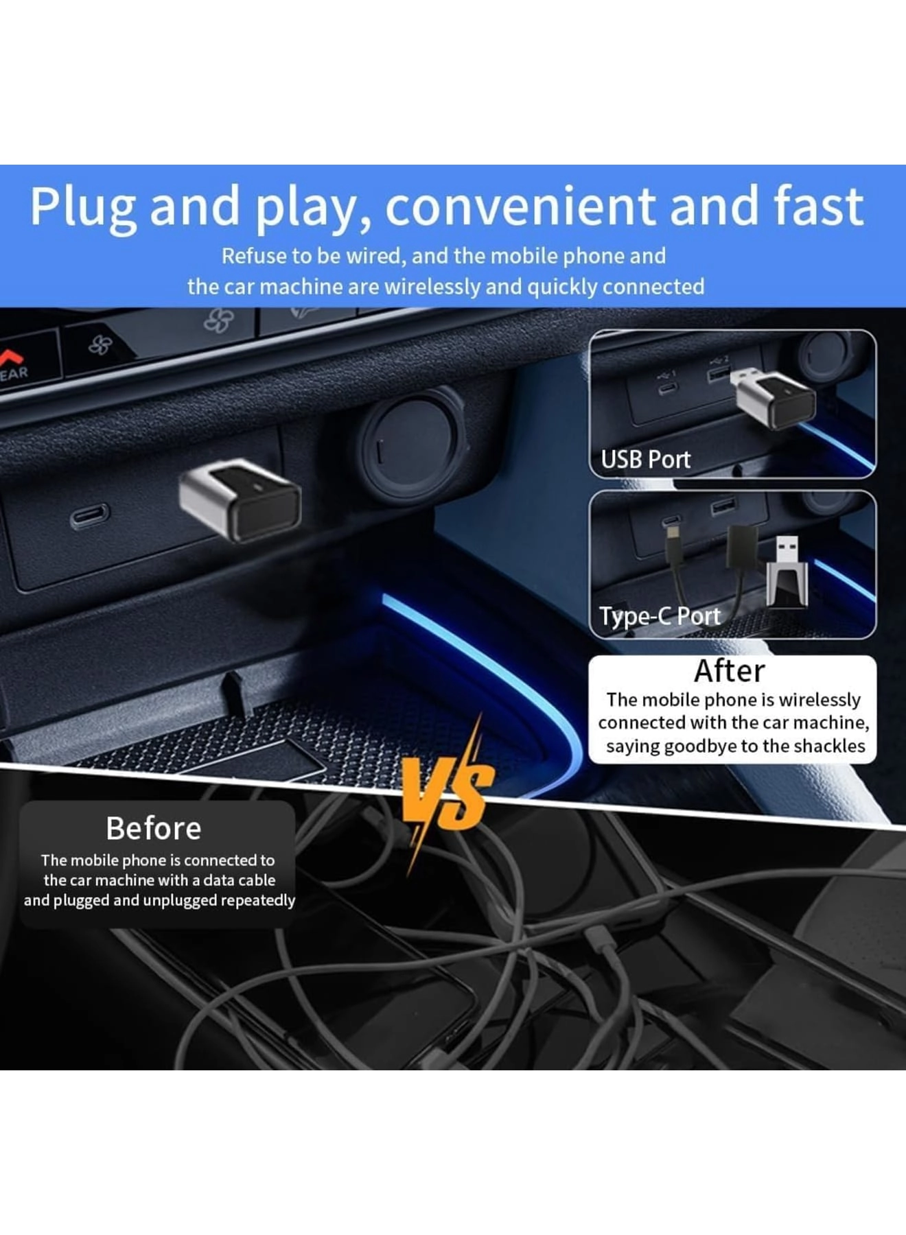 Wireless CarPlay Adapter - 2-in-1 Mini Plug and Play Low Latency