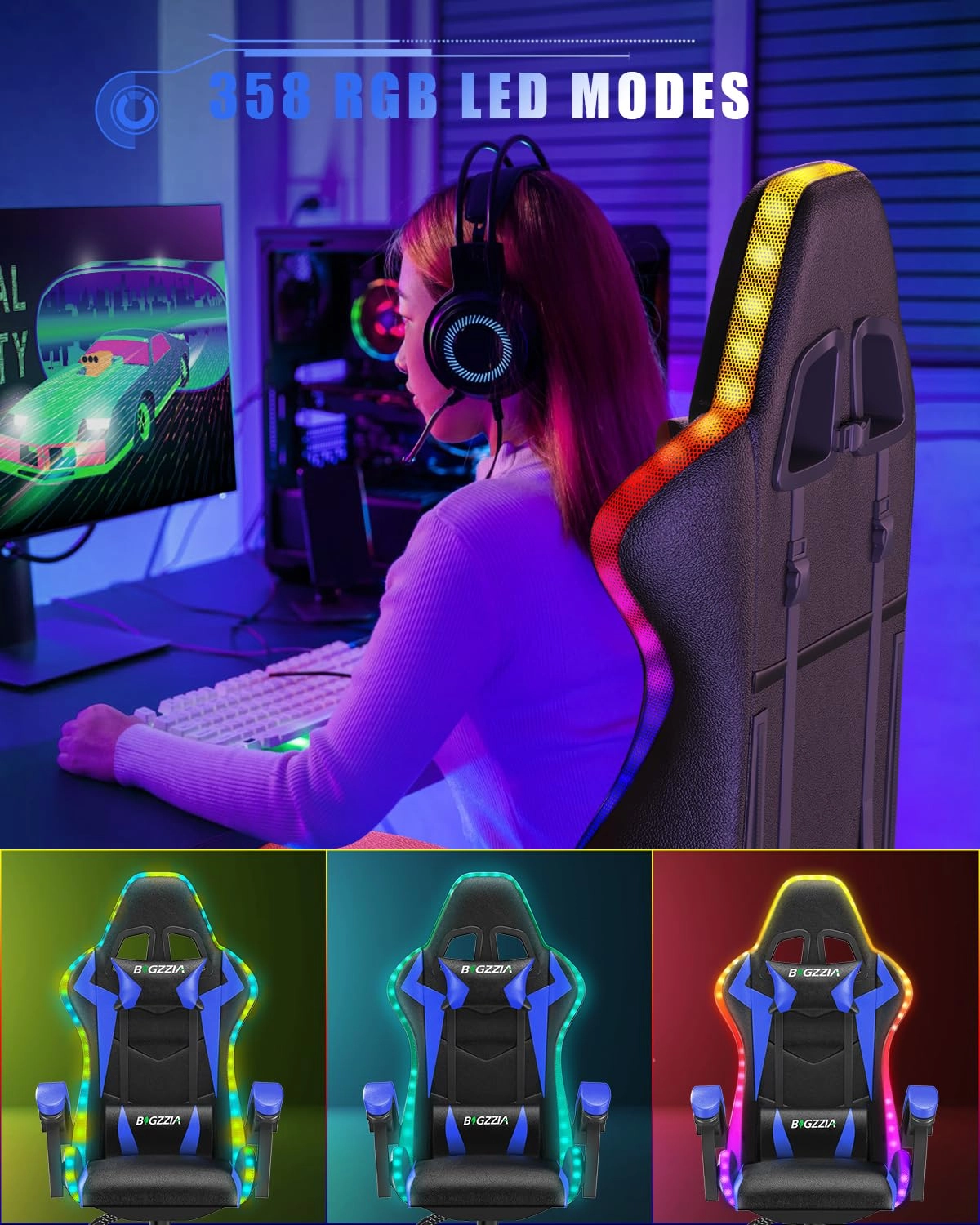 white LED gaming chair - RGB Reclining PU Leather